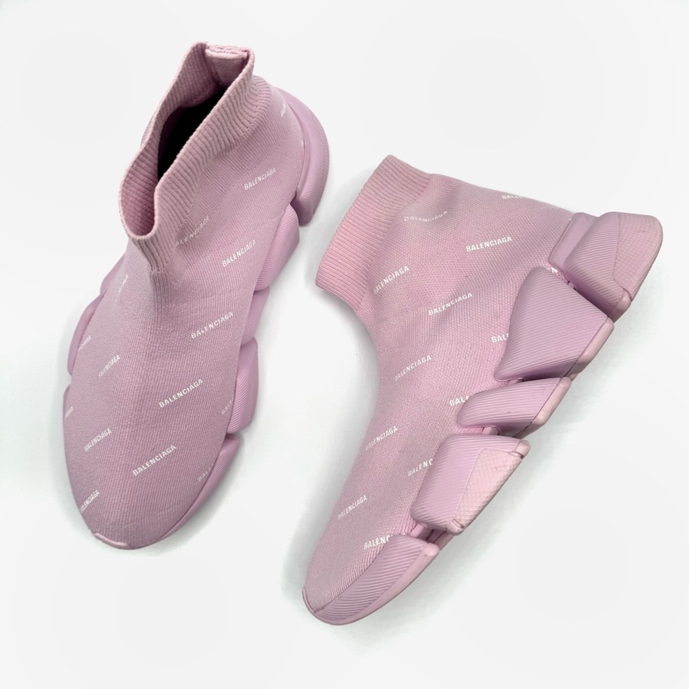Balenciaga Pink White All Over Logo Sole Knit Sock Speed Sneakers Trainers Shoes